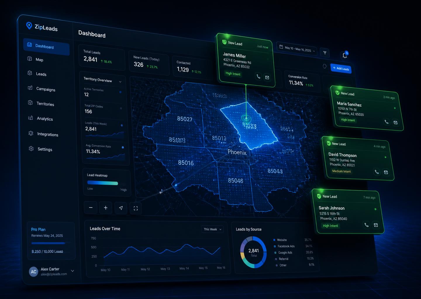 HomeLead360 contractor dashboard showing ZIP-code territories and live lead notifications